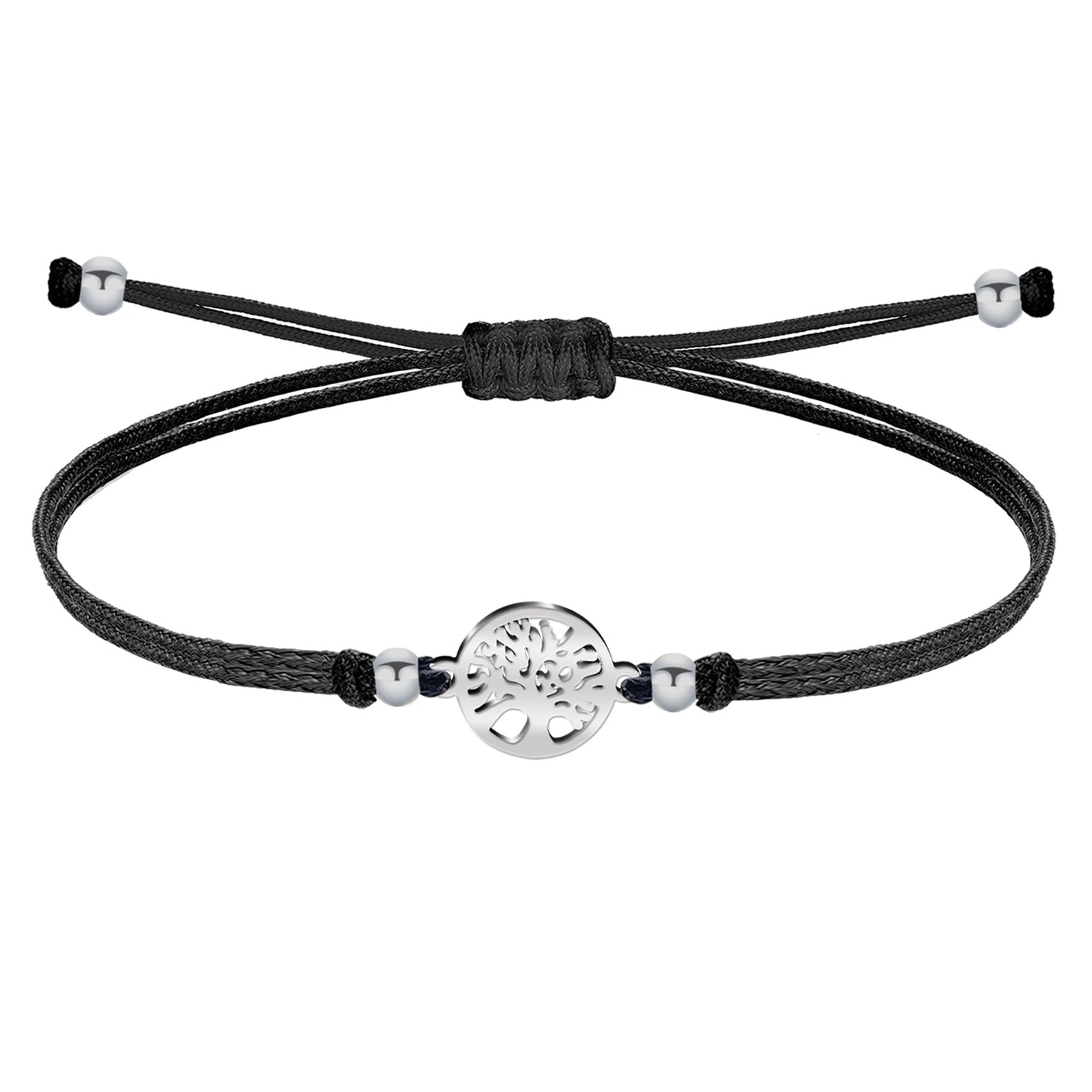 Pulsera Árbol de Vida Hilo Negro Acero Plateado