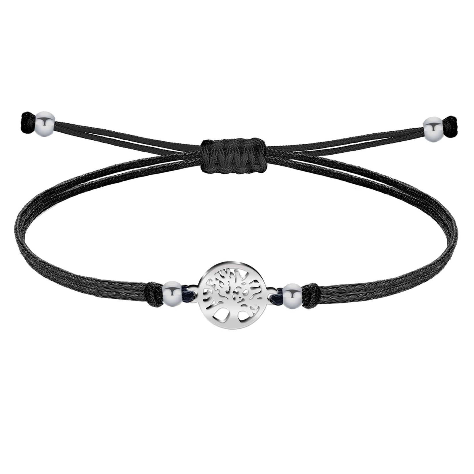 Pulsera Árbol de Vida Hilo Negro Acero Plateado