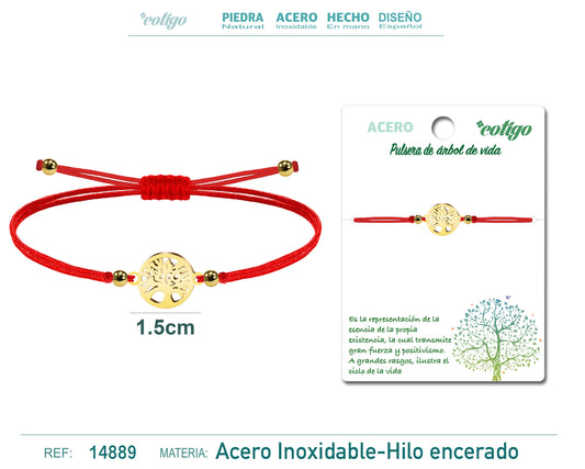 Pulsera Hilo encerado Rojo-Arbol de Vida Dorado