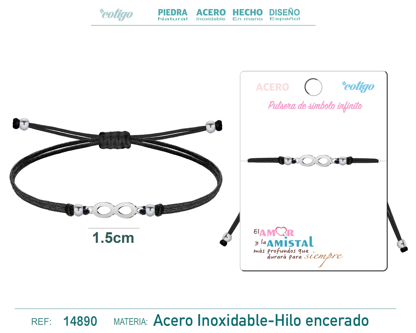 Pulsera Hilo encerado Negro-Infinito Plateado