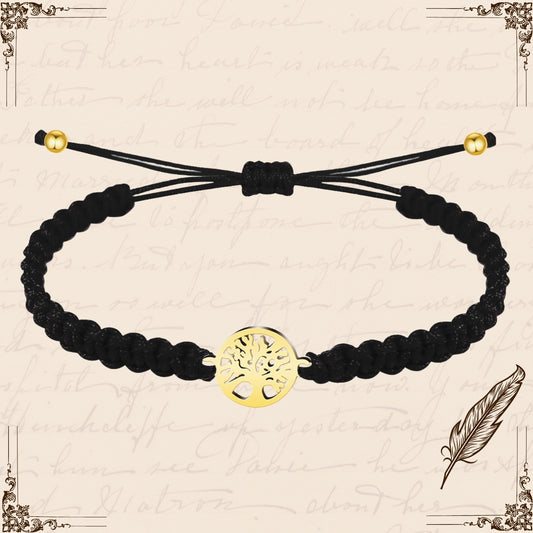Pulsera Hilo Destino Negro-Arbol de Vida Dorado