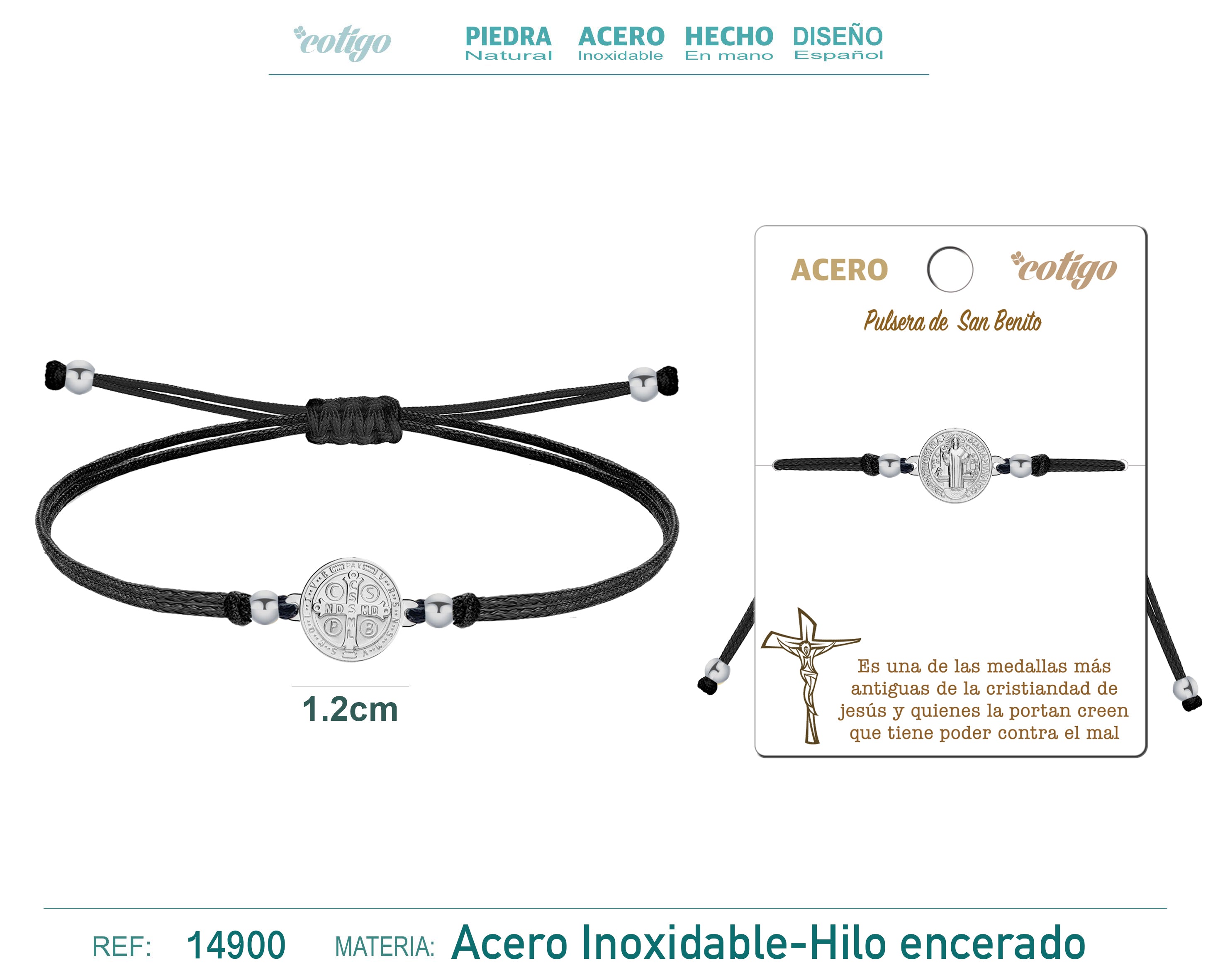 Pulsera de Hilo Encerado con Medalla de San Benito en Acero Inoxidable – vista principal