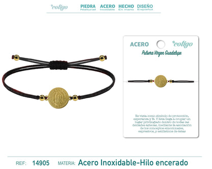 Pulsera Hilo encerado Negro-Virgen Guadalupe Dorado