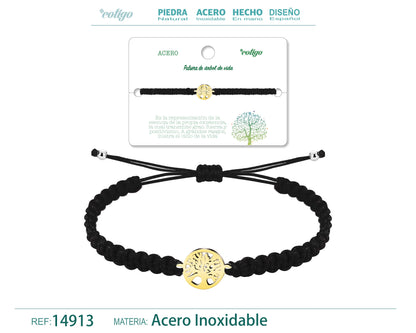 Pulsera Hilo Destino Negro-Arbol de Vida Dorado