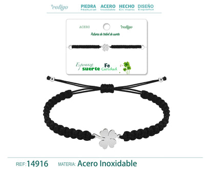 Pulsera Hilo Destino Negro-Trebol cuatro Hojas Plateado