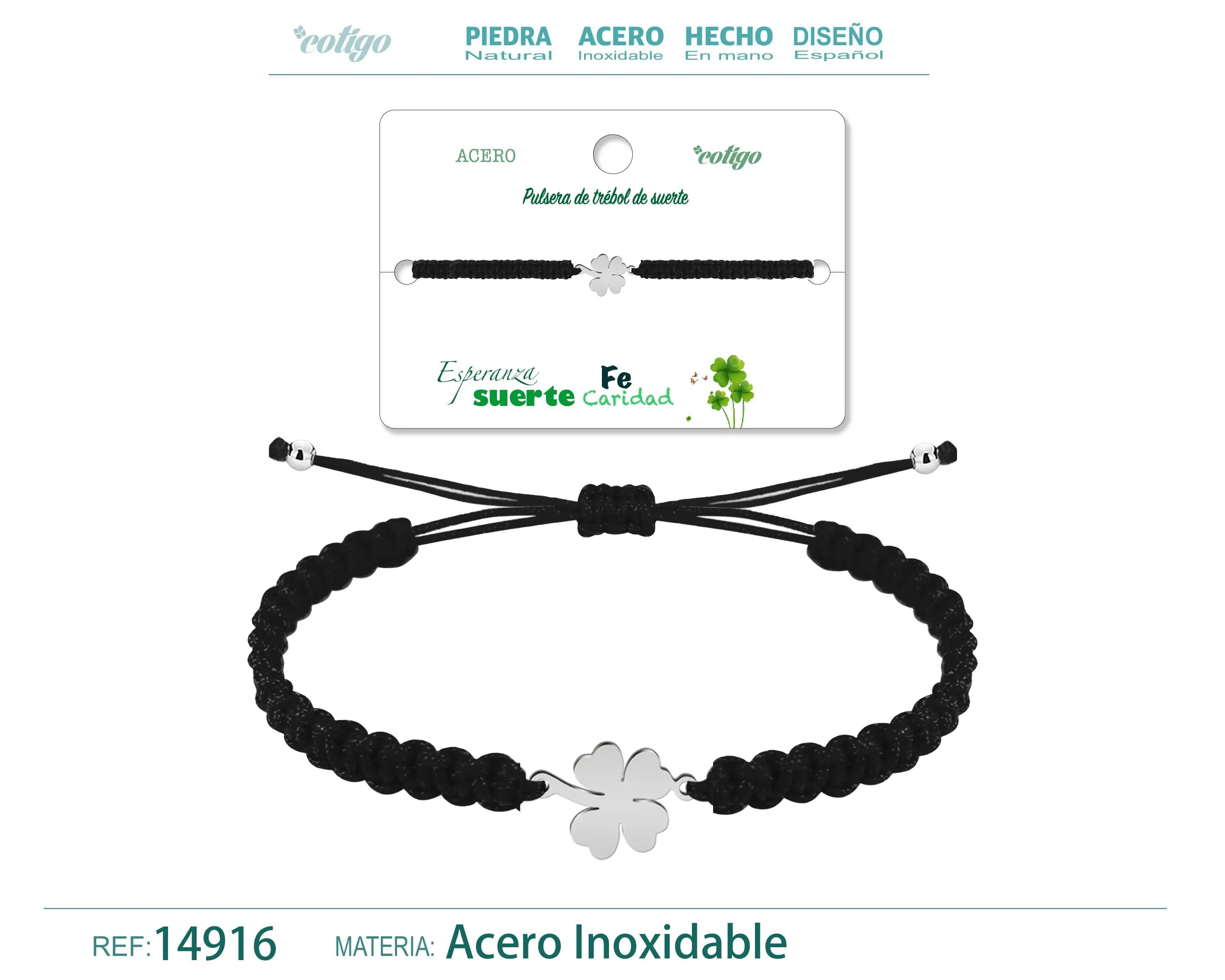 Pulsera Hilo trenzadoNegro-Trebol cuatro Hojas Plateado - cotigo