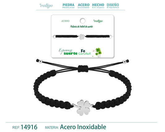 Pulsera Hilo trenzadoNegro-Trebol cuatro Hojas Plateado