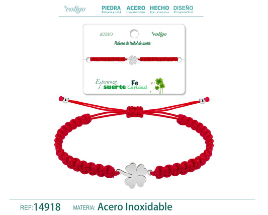 Pulsera Hilo trenzadoRojo-Trebol cuatro Hojas Plateado
