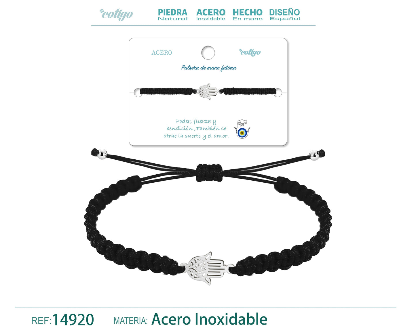 Pulsera Hilo Destino Negro-Mano Fatima Plateado