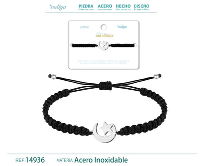 Pulsera Hilo Destino con Luna y Estrella Acero Plateado