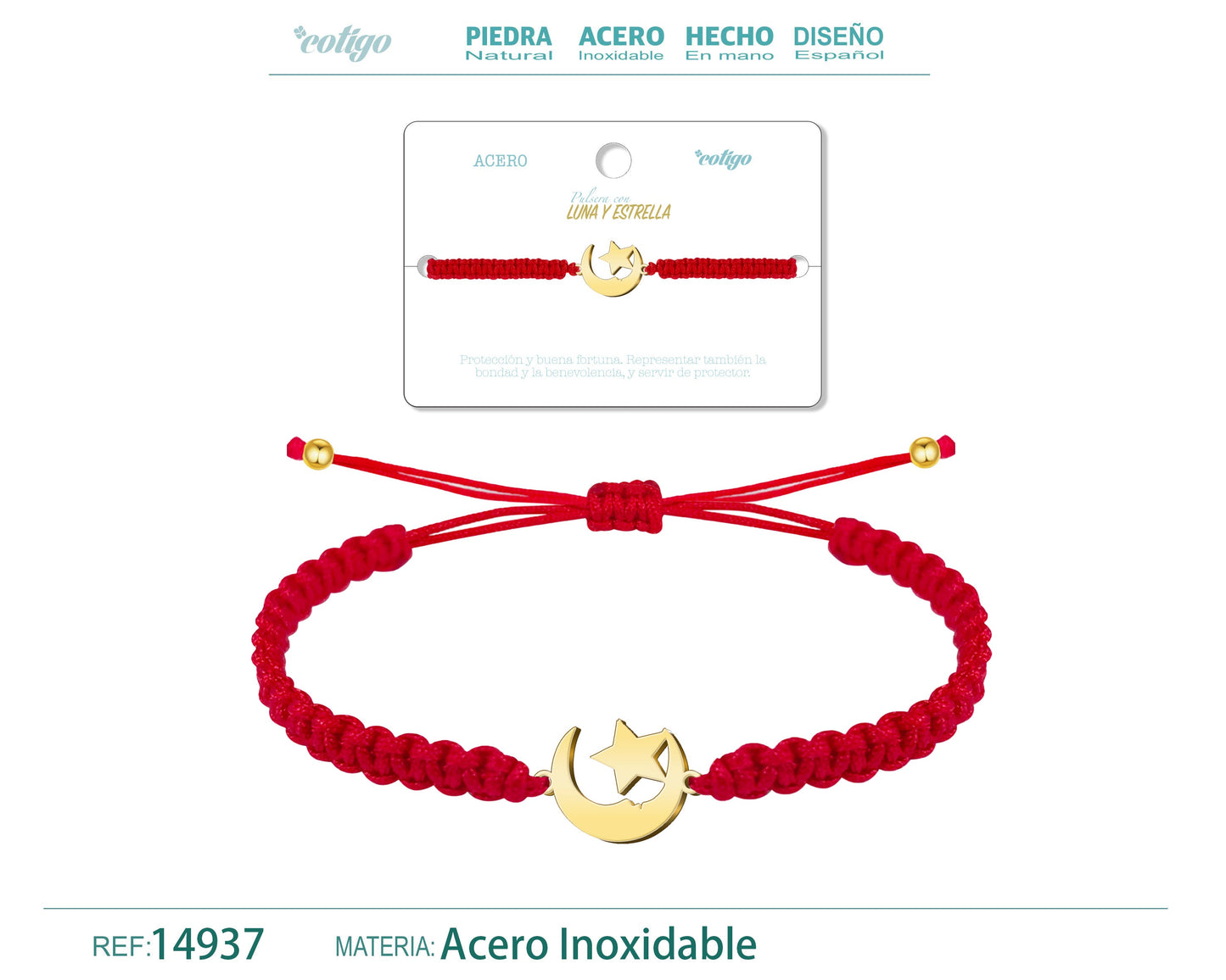 Pulsera Hilo Destino con Luna y Estrella Acero Dorado
