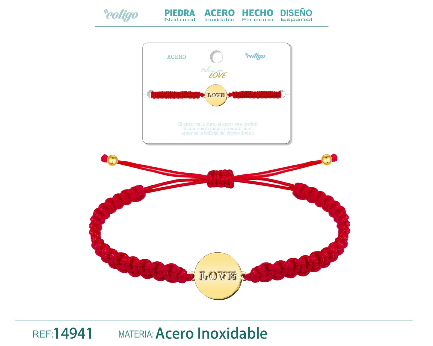 Pulsera Hilo Destino con Love Acero Dorado