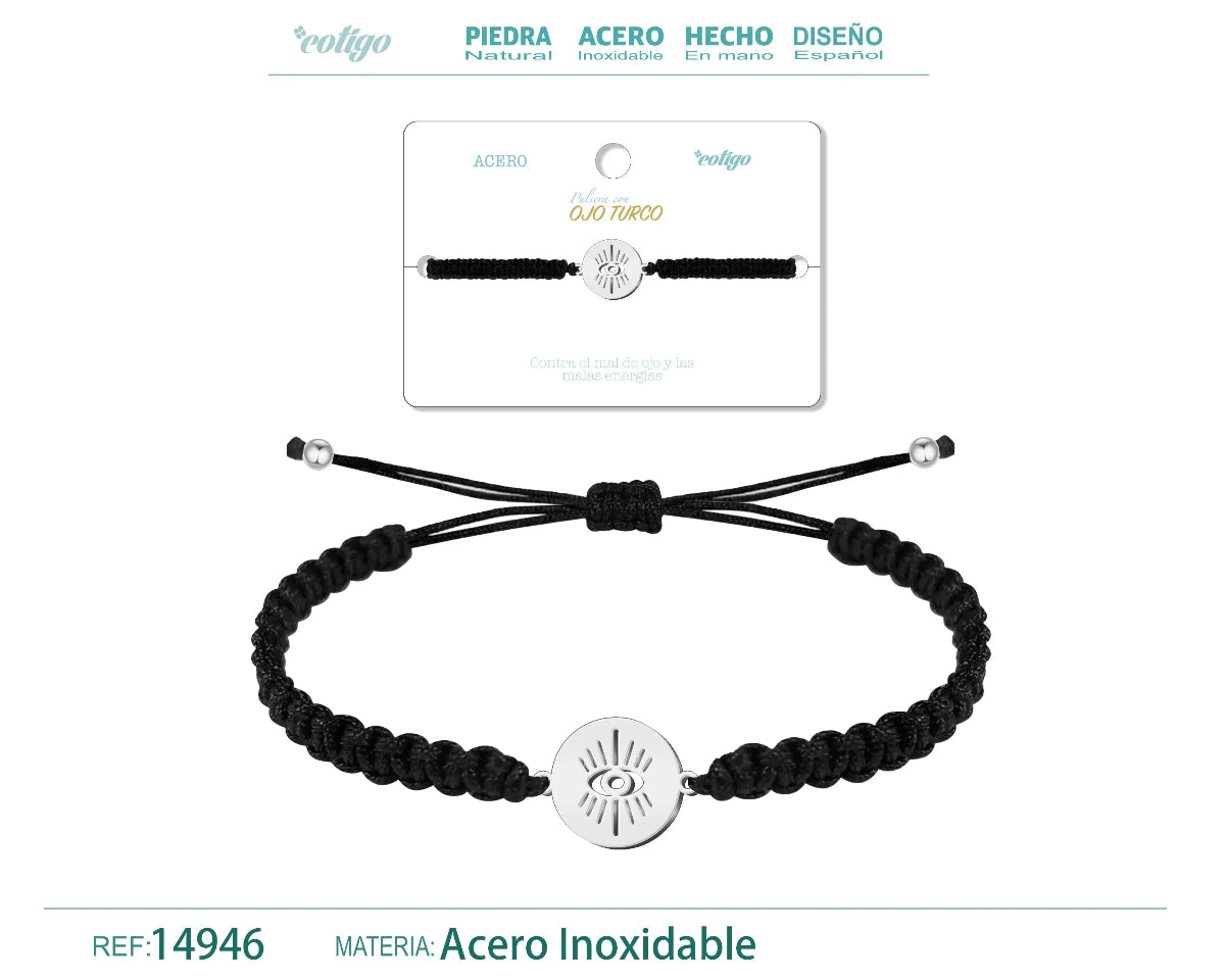 Pulsera de hilo negro trenzado con amuleto redondo de ojo turco calado y radiante en acero inoxidable plateado y cierre ajustable.