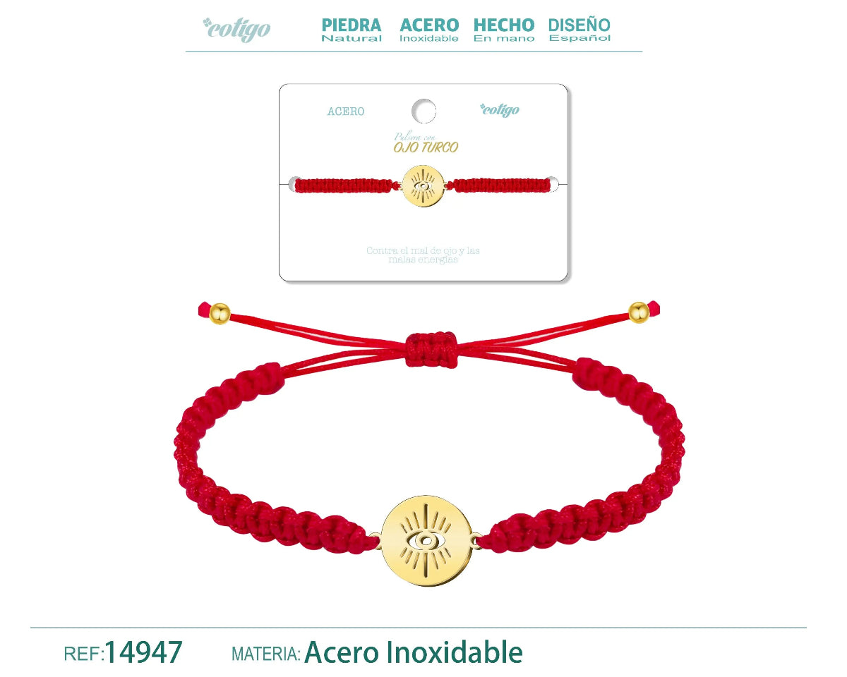 Pulsera de hilo trenzado rojo con amuleto redondo de ojo turco calado y radiante en acero inoxidable dorado y cierre ajustable.