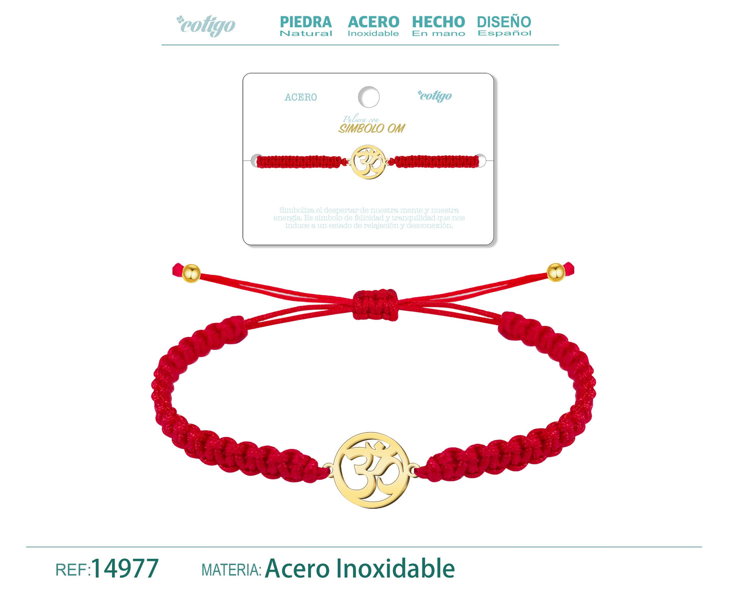 Pulsera Hilo Destino con Simbolo OM Acero Dorado