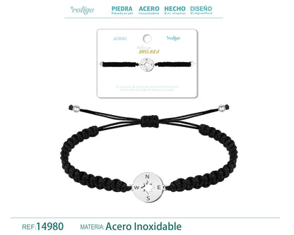 Pulsera Hilo Destino con Brújula Acero Plateado