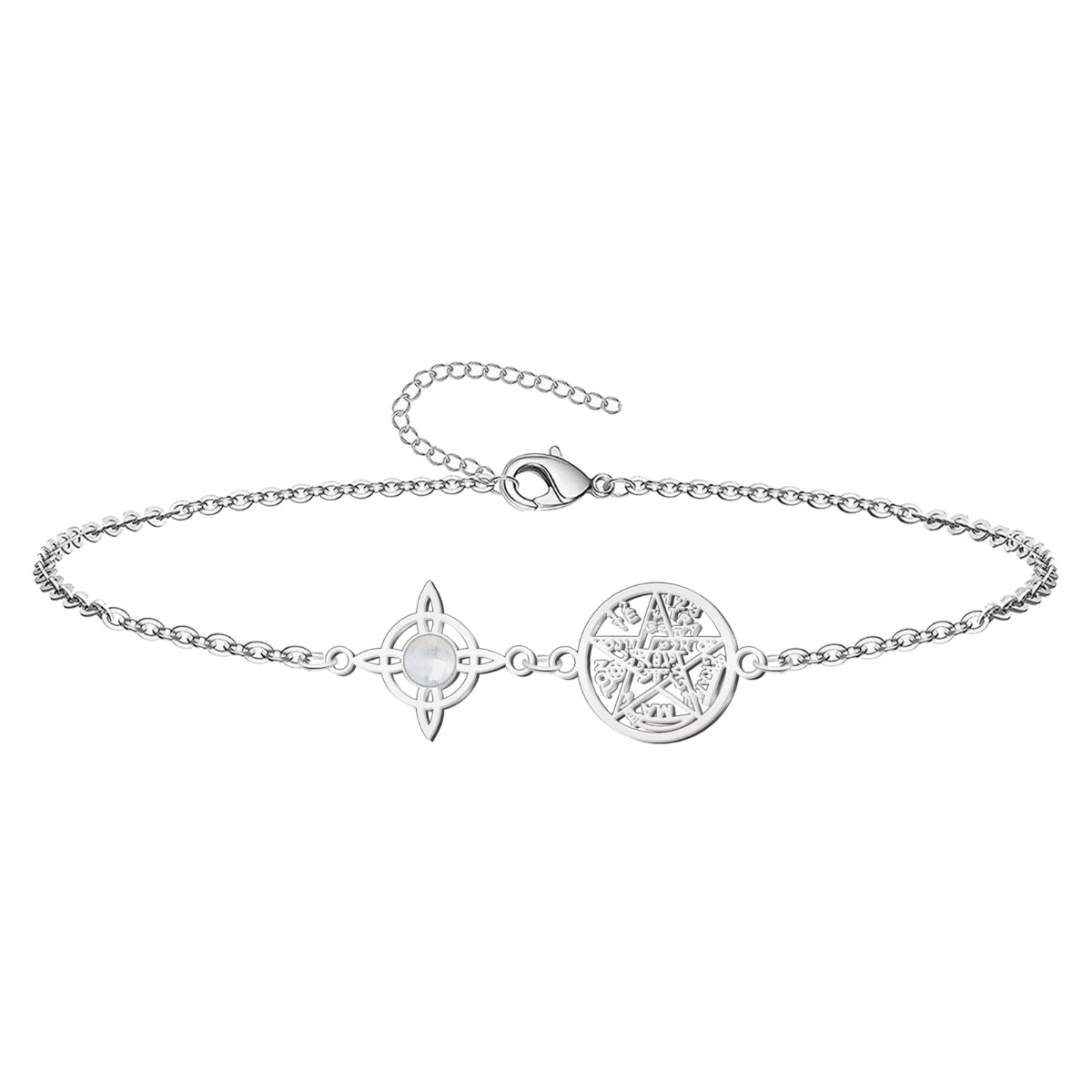 Pulsera de cadena en acero plateado que une un Nudo de Bruja con una piedra de cuarzo blanco central y un medallón del Tetragrammatón.