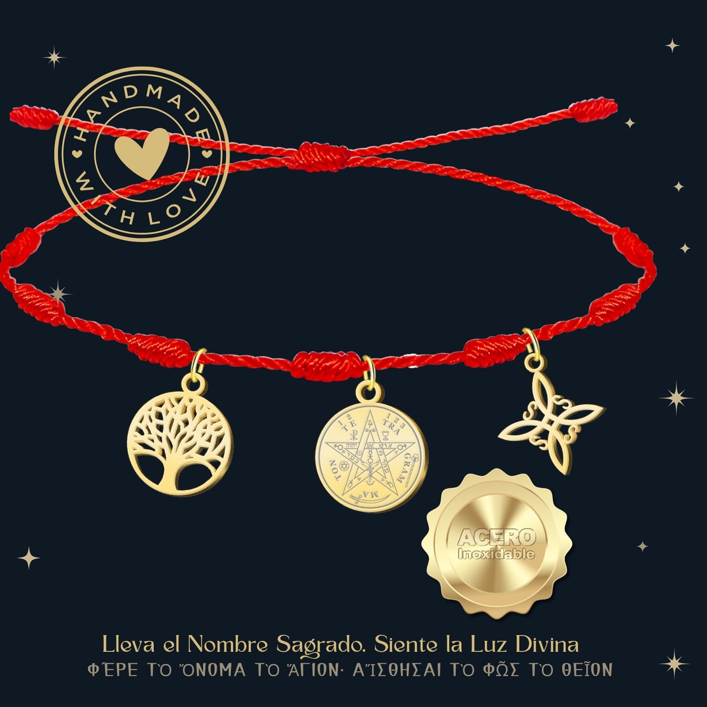 Pulsera 7 nudos con Nudo de Bruja y Tetragramatón, y Árbol de la Vida Dorado Acero Inoxidable
