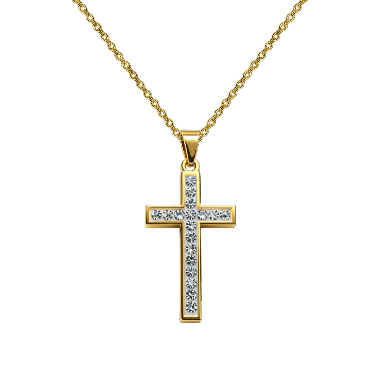 Collar con Cruz grabado con Sagrada Escritura en Acero Dorado