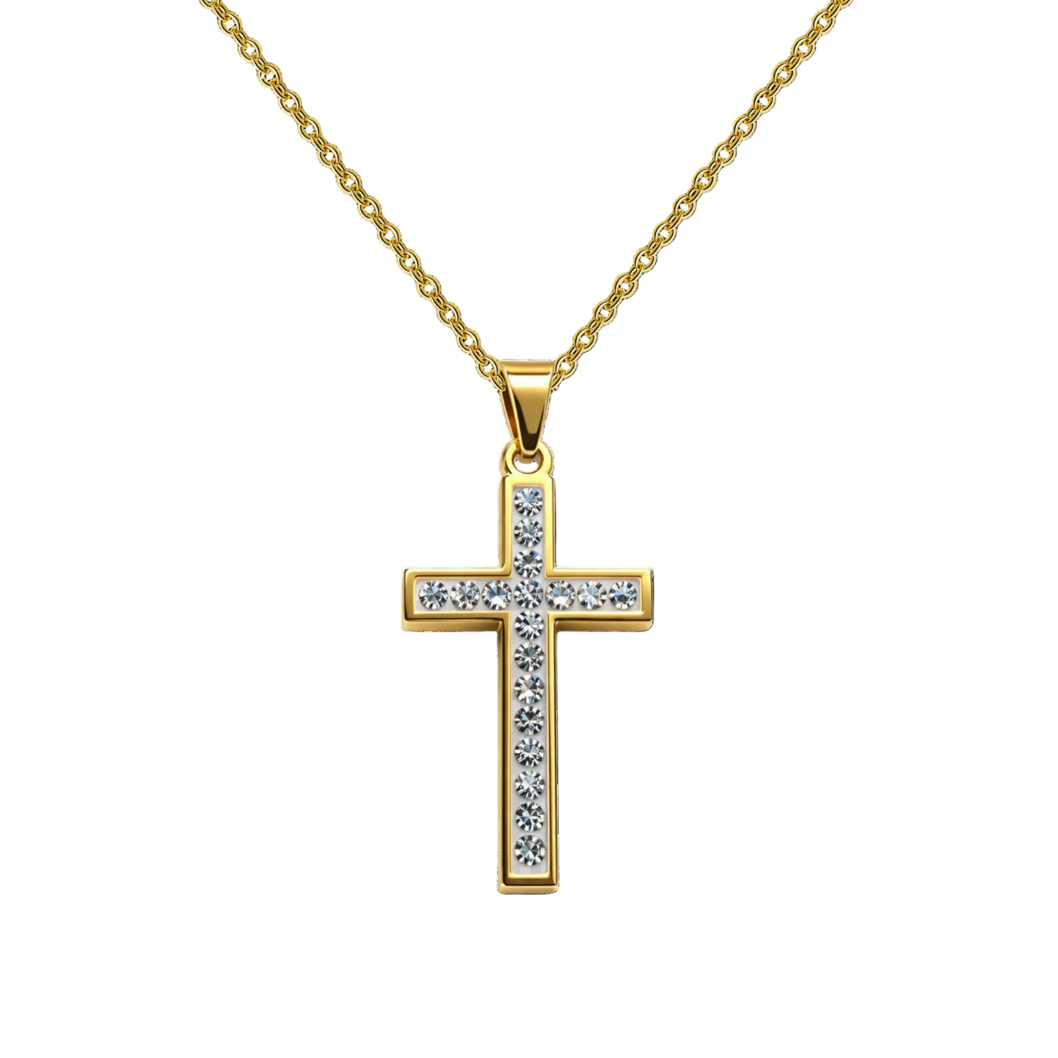 Collar con Cruz grabado con Sagrada Escritura en Acero Dorado cotigo