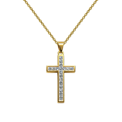 Collar con Cruz grabado con Sagrada Escritura en Acero Dorado