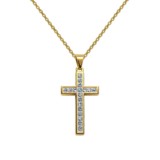 Collar con Cruz grabado con Sagrada Escritura en Acero Dorado