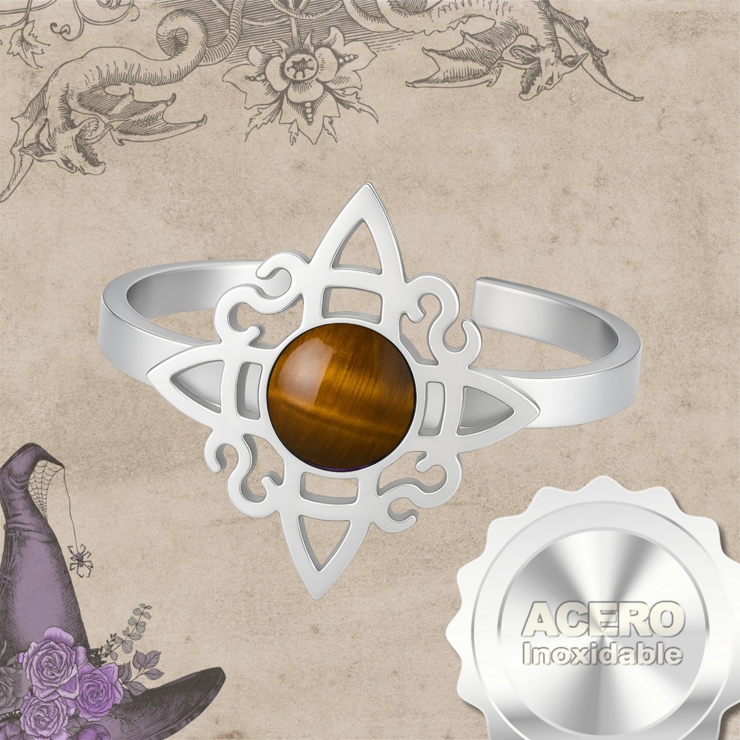 Anillo Nudo de Bruja Acero Plateado con Ojo de Tigre