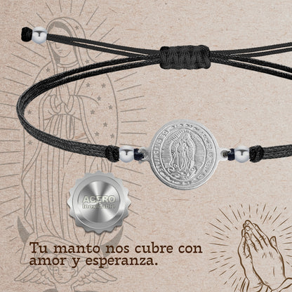 Pulsera Hilo encerado Negro-Virgen Guadalupe Plateado