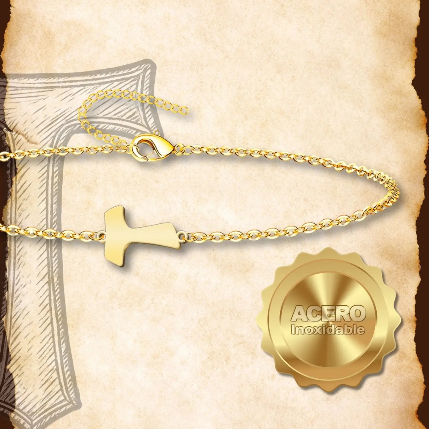 Pulsera Cruz Tau Acero inoxidable color Dorado - cotigo