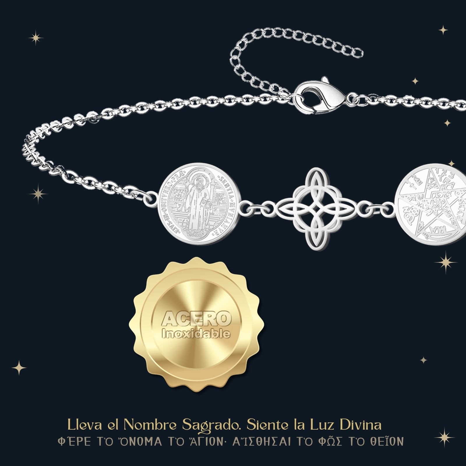 Pulsera Triple Protección: Nudo de Bruja, San Benito Y Tetragrámaton en Acero detalle