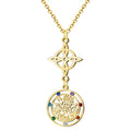 Colgante vertical de acero inoxidable dorado: Nudo de Bruja celta en la parte superior y medalla del Tetragrammatón con 7 cristales de colores (chakras) en la parte inferior.