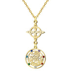 Colgante vertical de acero inoxidable dorado: Nudo de Bruja celta en la parte superior y medalla del Tetragrammatón con 7 cristales de colores (chakras) en la parte inferior.