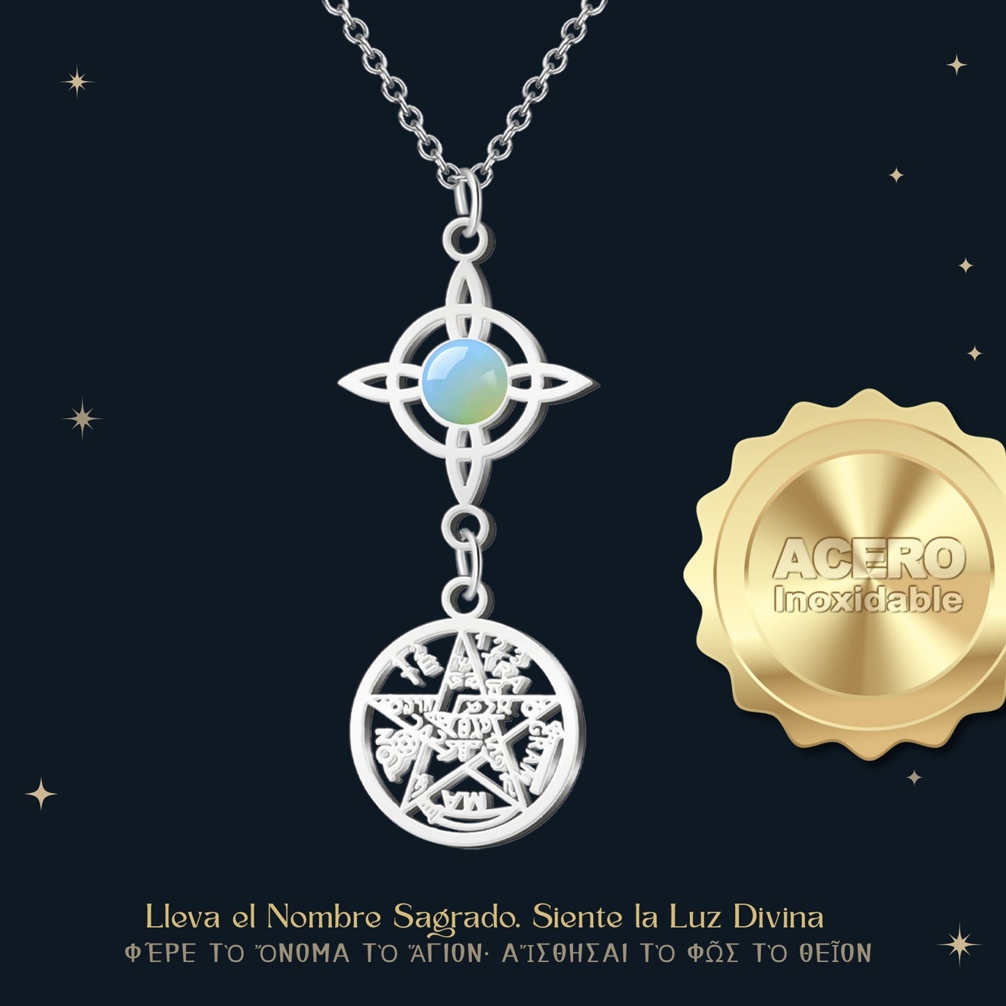 Colgante Tetragrammatón con Nudo de Bruja y Opalina – Calma, Equilibrio y Luz Interior en Acero Inoxidable