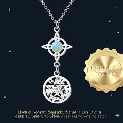 Colgante Tetragrammatón con Nudo de Bruja y Opalina – Calma, Equilibrio y Luz Interior en Acero Inoxidable