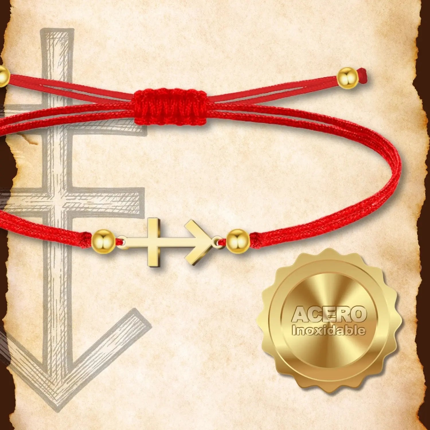 Pulsera del Hilo Rojo con Cruz Contra el Mal en Acero Dorado diseño