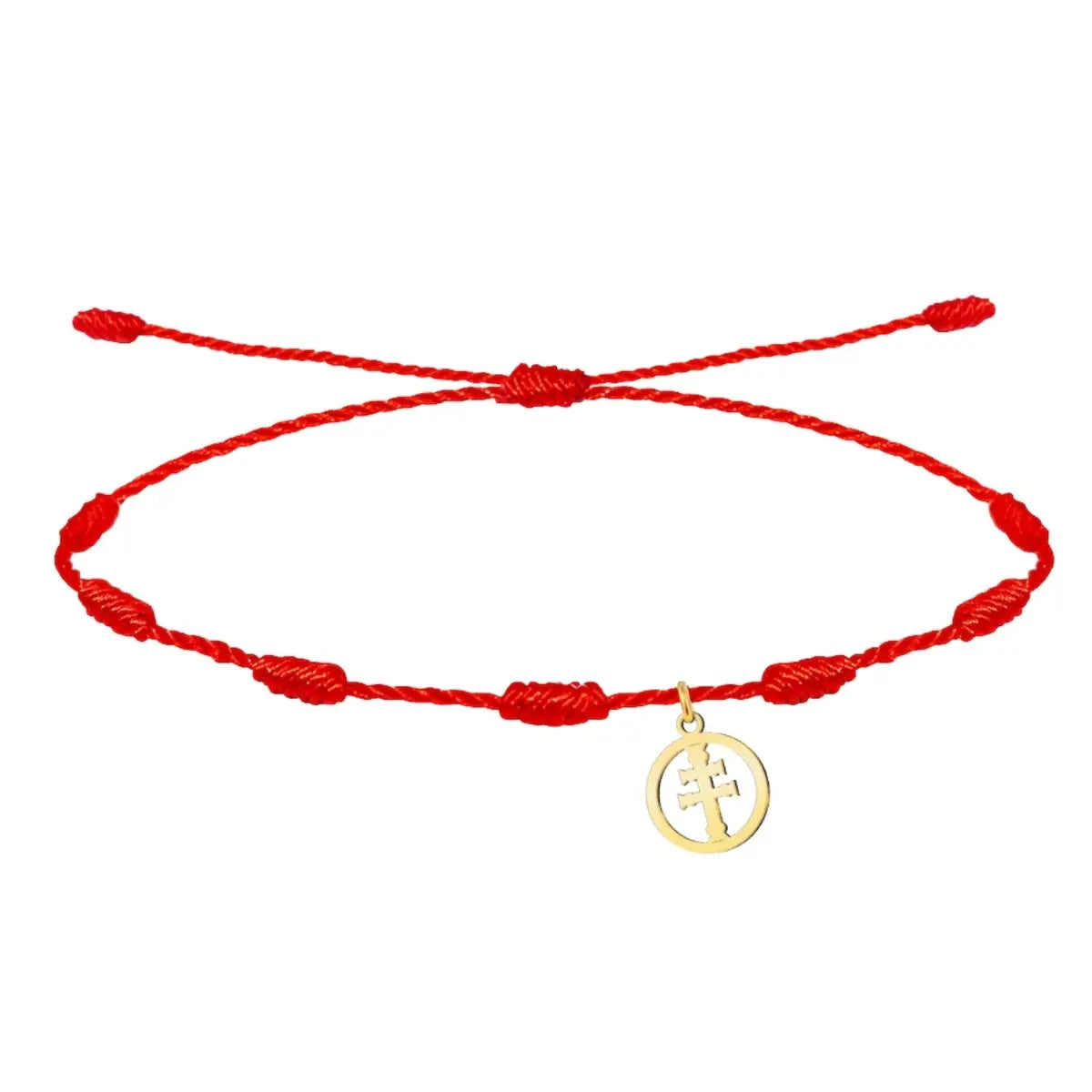 Pulsera de hilo rojo 7 nudos protección mal de ojo con medalla Cruz de Caravaca dorada