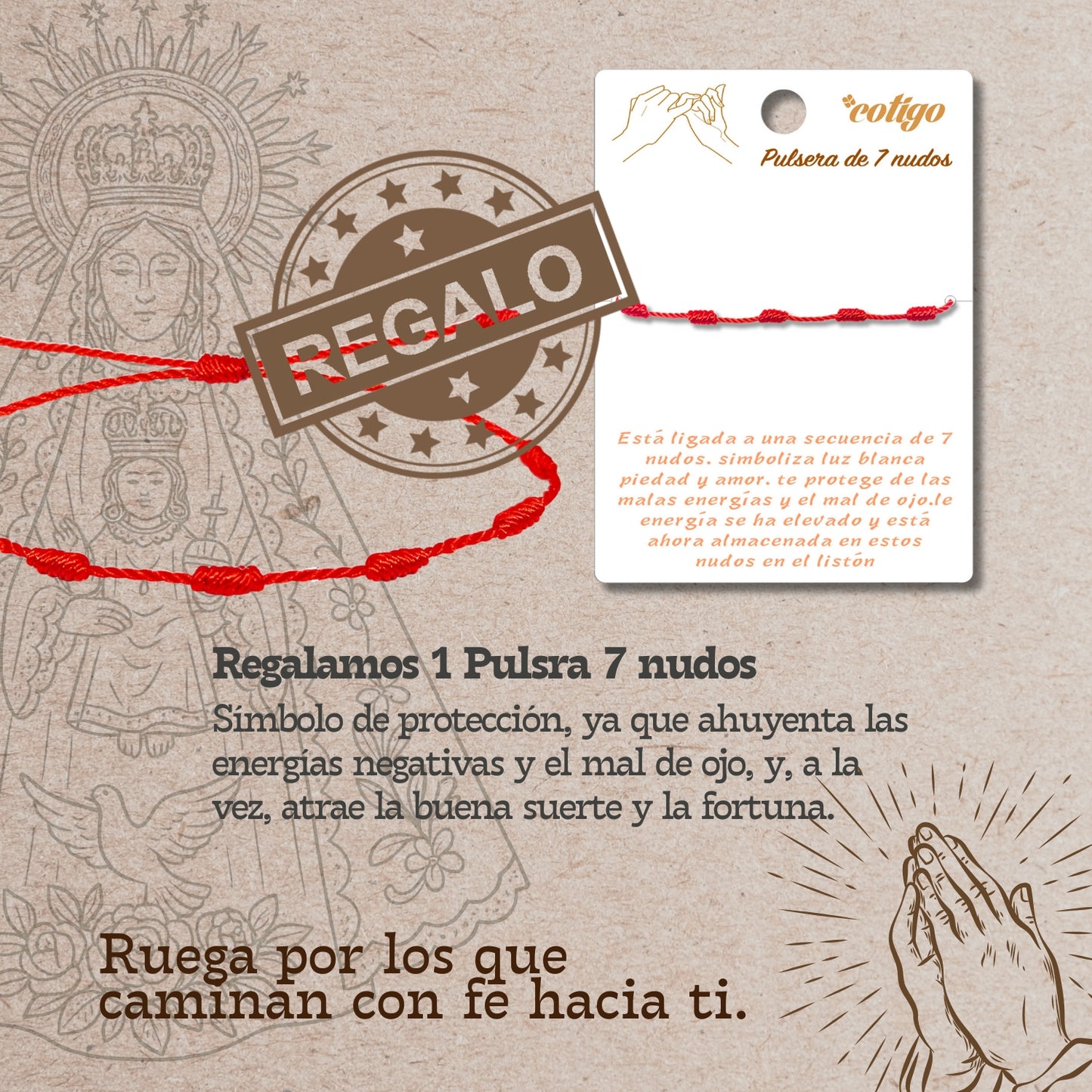 Pulsera 7 nudos con Virgen del Rocío Dorado