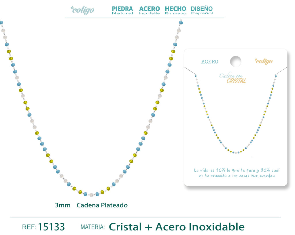 Collar de Cristales Lima, Azul y Blanco en Acero Inoxidable en acabado plateado – vista principal