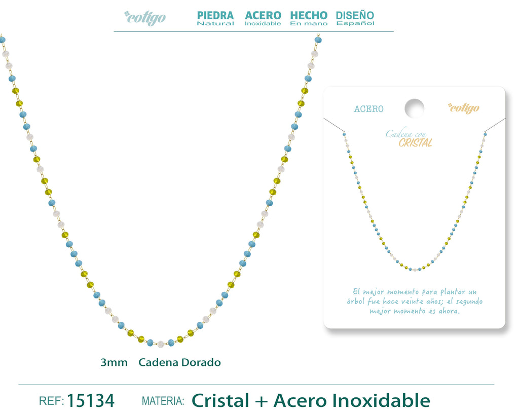 Collar de Cristales Lima, Azul y Blanco en Acero Inoxidable en acabado dorado – vista principal