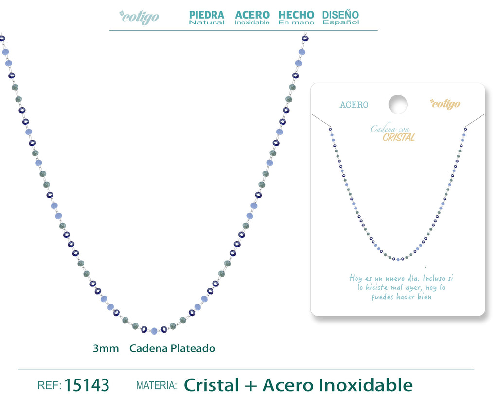 Collar de Cristales Azul Marino, Verde y Blanco en Acero Inoxidable en acabado plateado – vista principal
