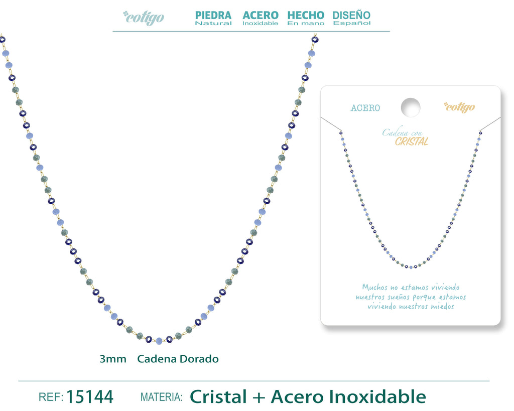 Collar de Cristales Azul Marino, Verde y Blanco en Acero Inoxidable en acabado dorado – vista principal