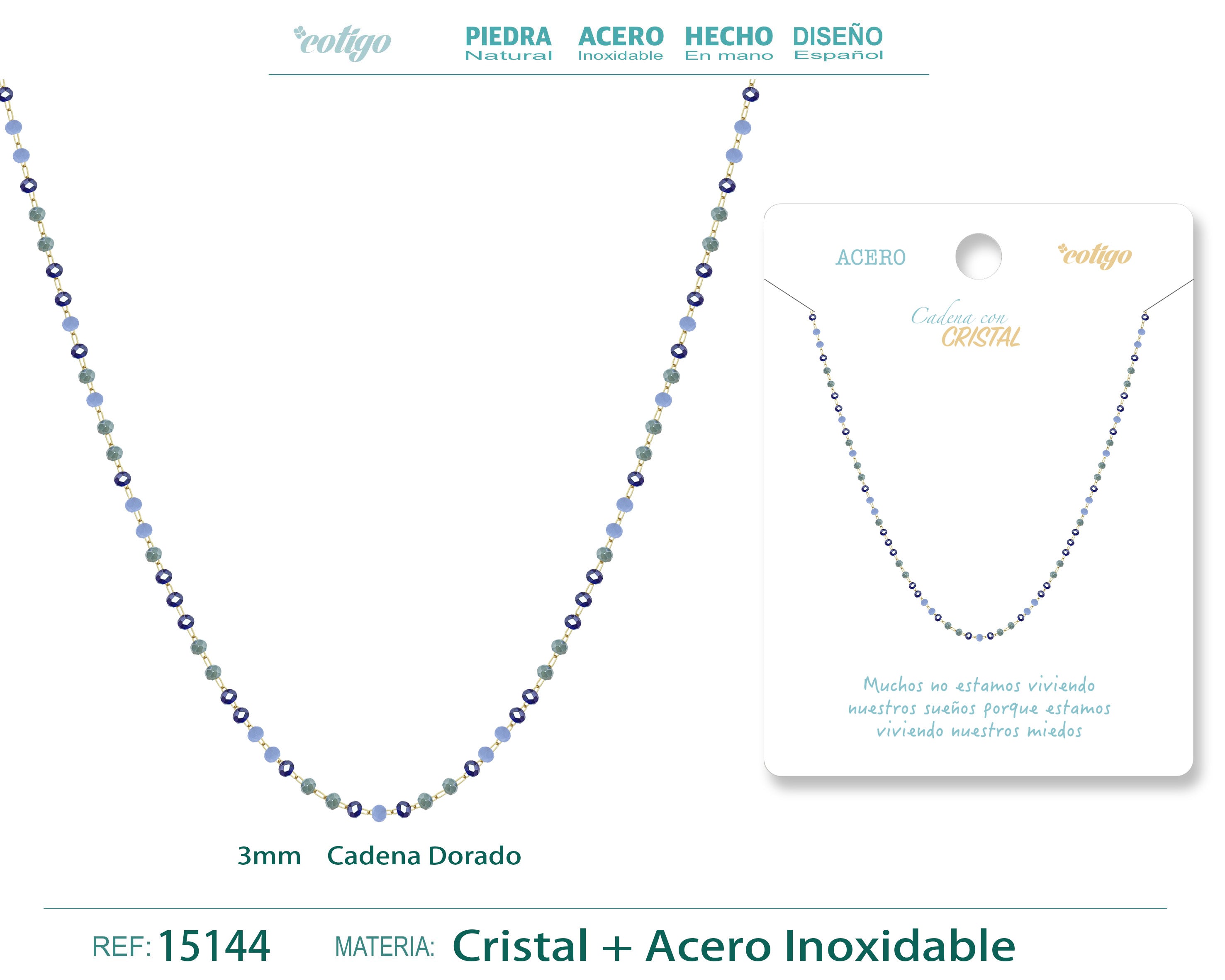 Collar de Cristales Azul Marino, Verde y Blanco en Acero Inoxidable en acabado dorado – vista principal