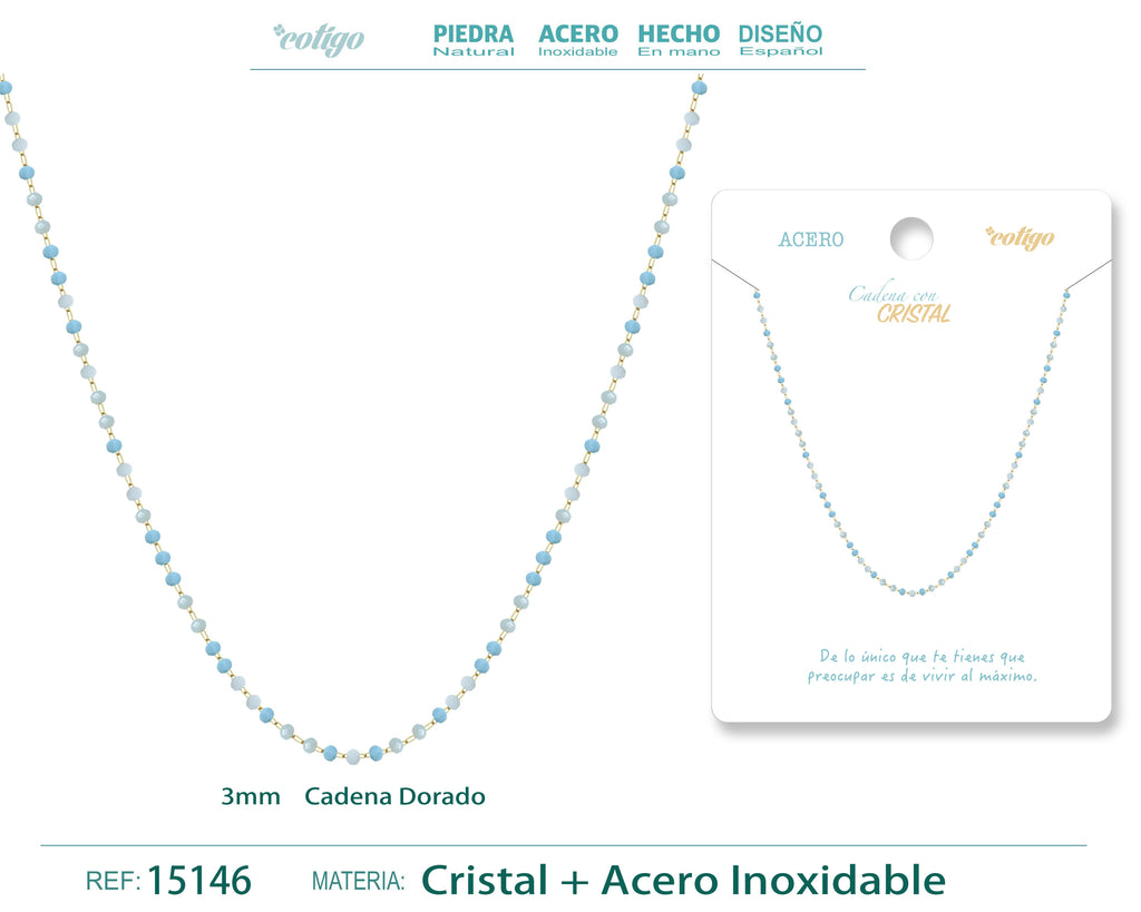 Collar de Cristales Azul Claro y Blanco en Acero Inoxidable en acabado dorado – vista principal