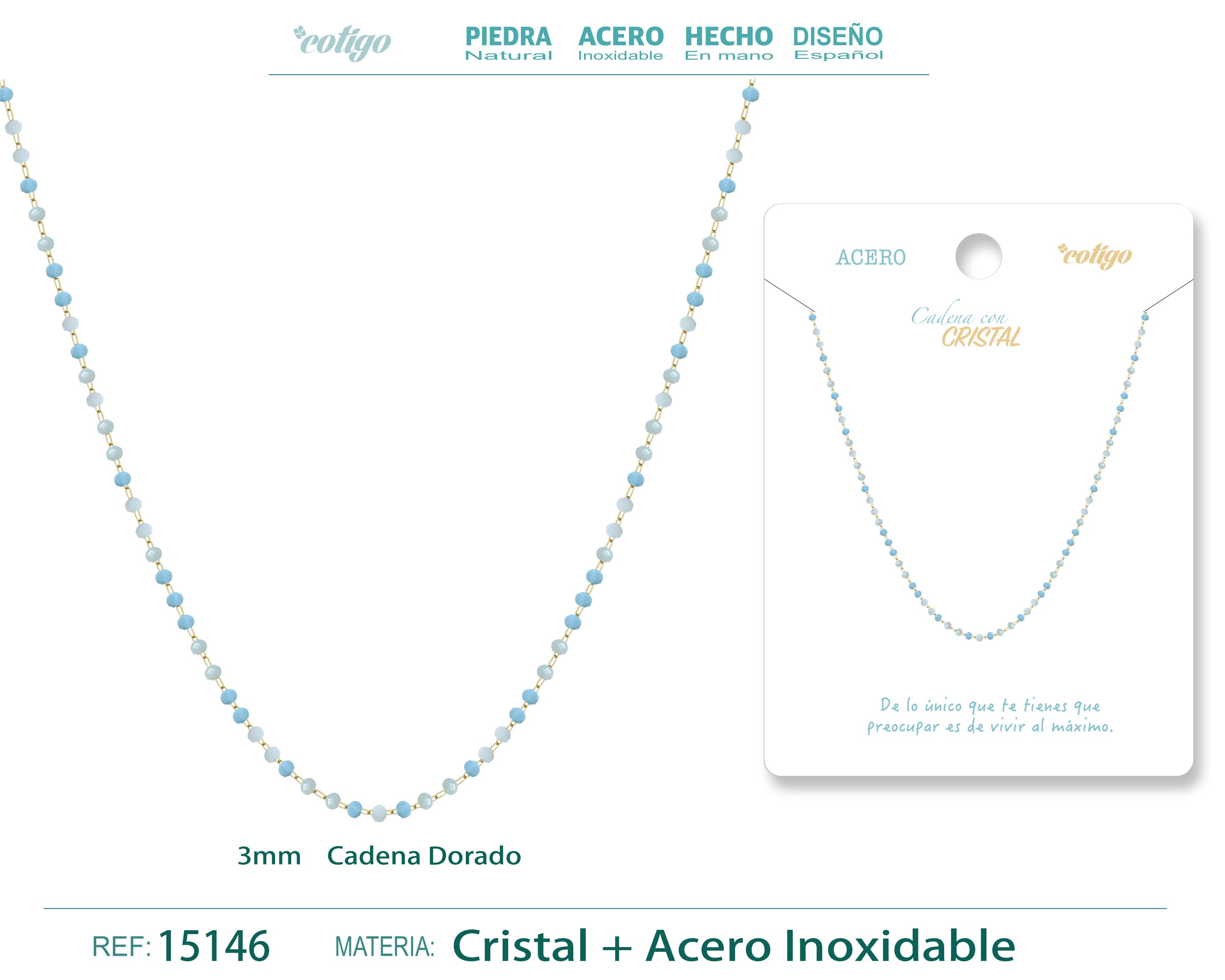 Collar de Cristales Azul Claro y Blanco en Acero Inoxidable en acabado dorado – vista principal