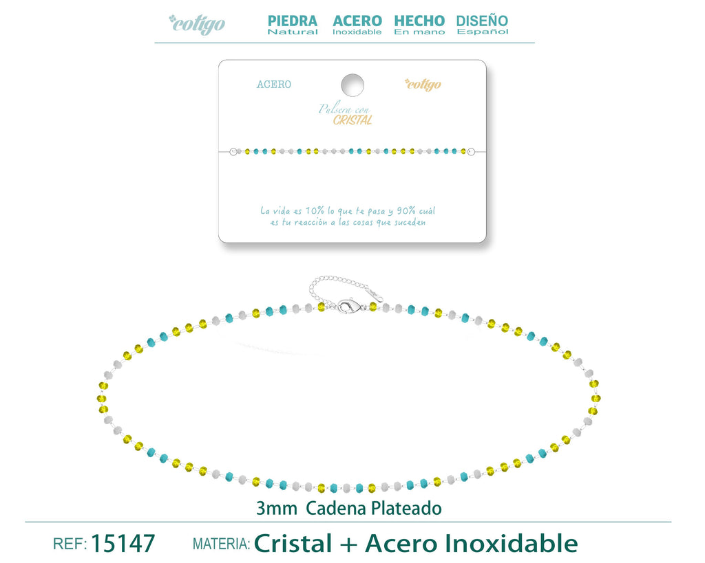 Pulsera de Cristales Lima, Azul y Blanco en Acero Inoxidable en acabado plateado – vista principal