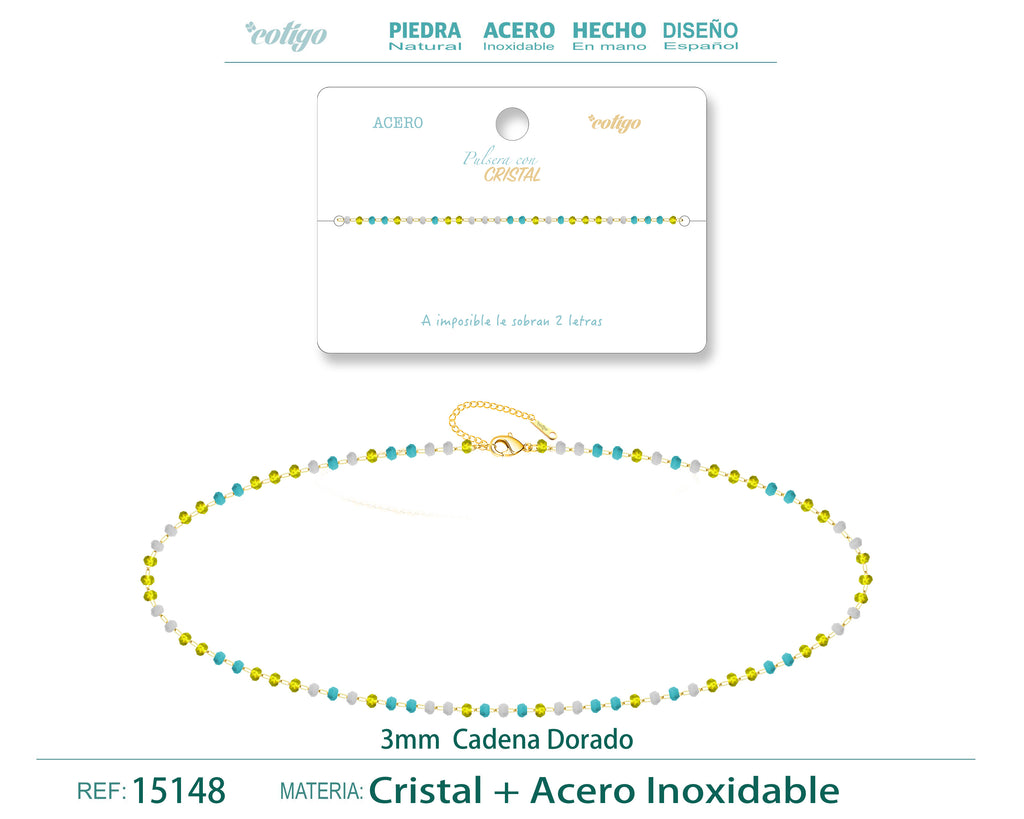 Pulsera de Cristales Lima, Azul y Blanco en Acero Inoxidable en acabado dorado – vista principal