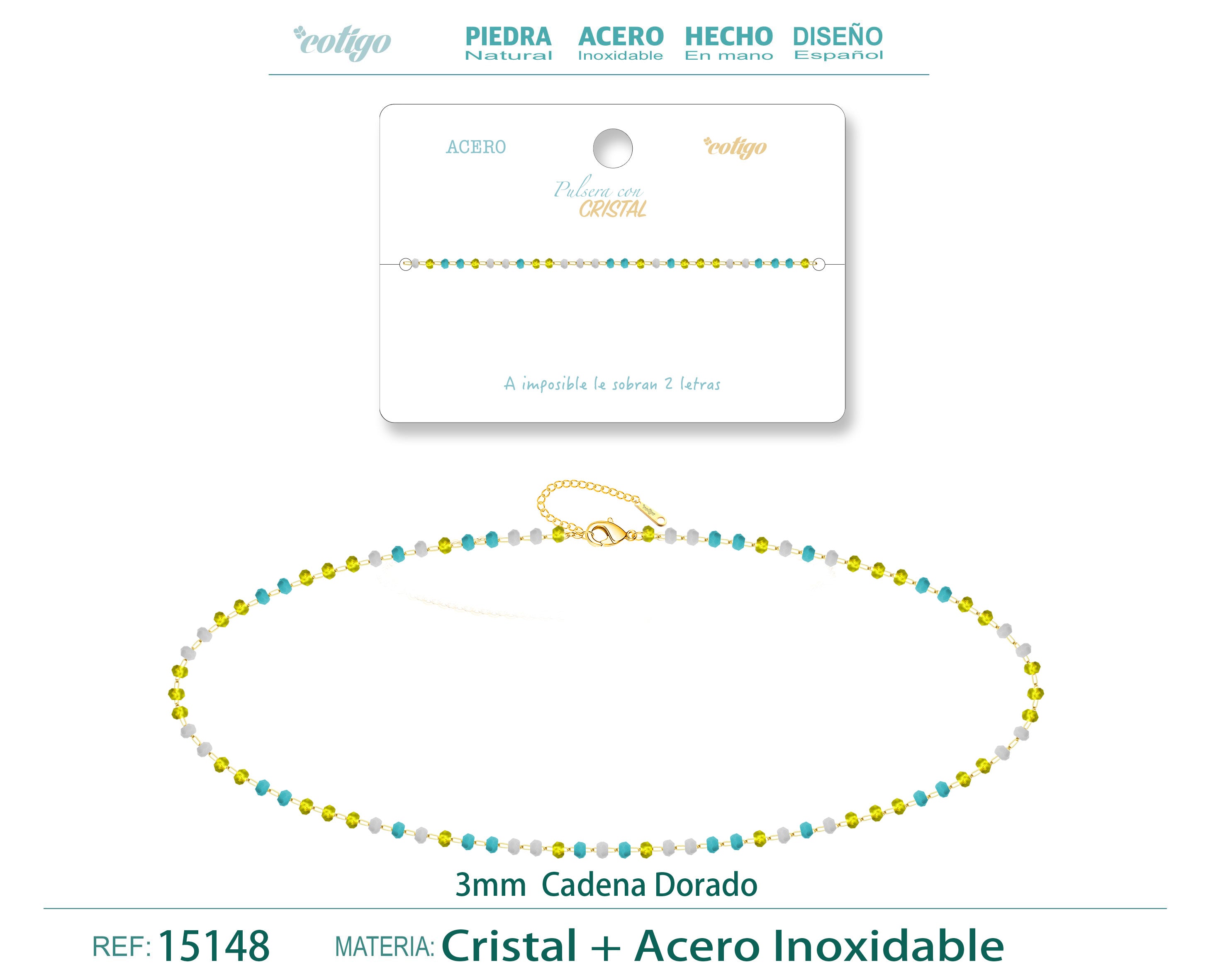 Pulsera de Cristales Lima, Azul y Blanco en Acero Inoxidable en acabado dorado – vista principal