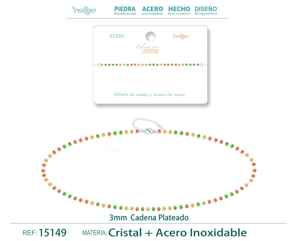 Pulsera de Cristales Rojo, Amarillo y Verde en Acero Inoxidable en acabado plateado – vista principal