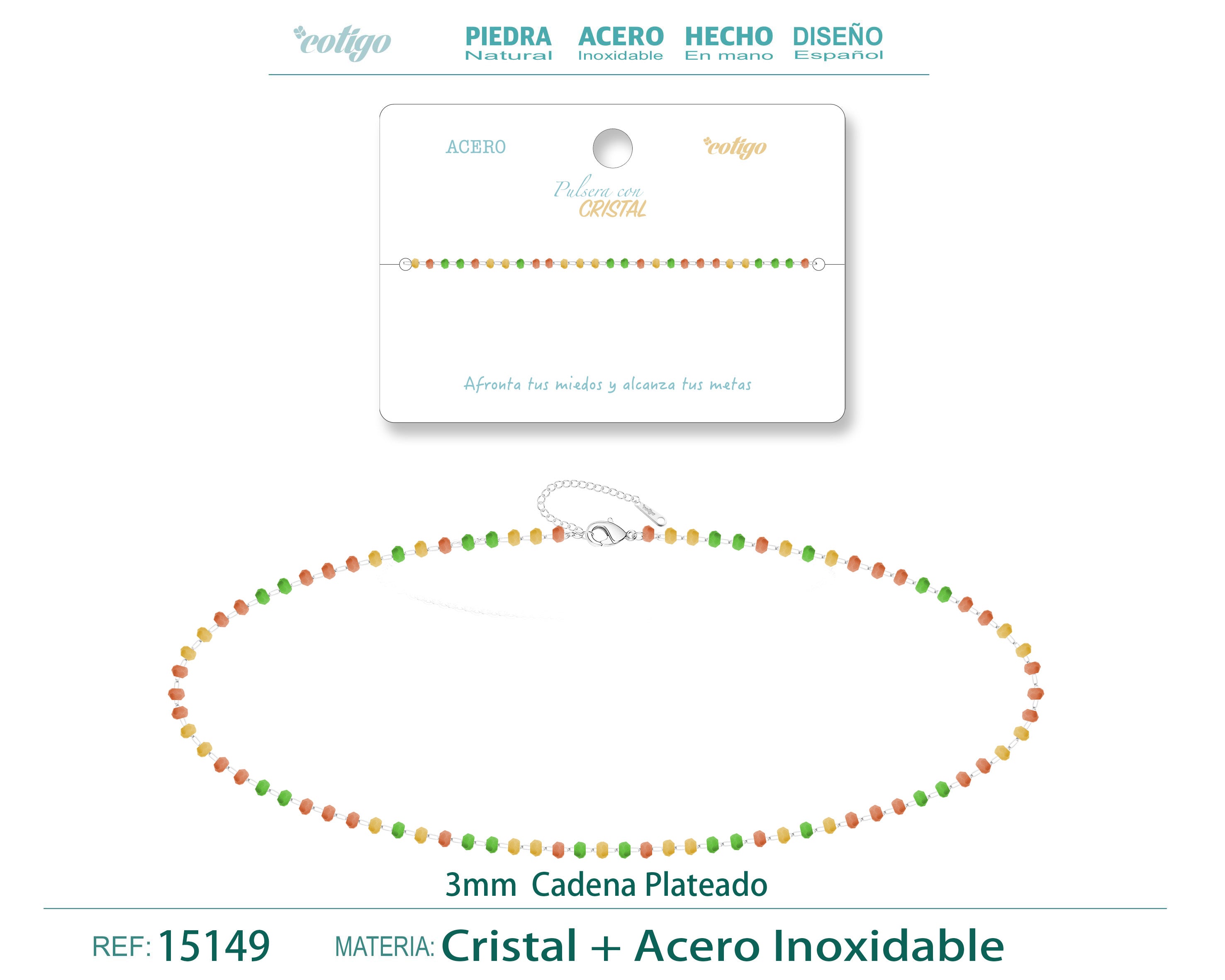 Pulsera de Cristales Rojo, Amarillo y Verde en Acero Inoxidable en acabado plateado – vista principal