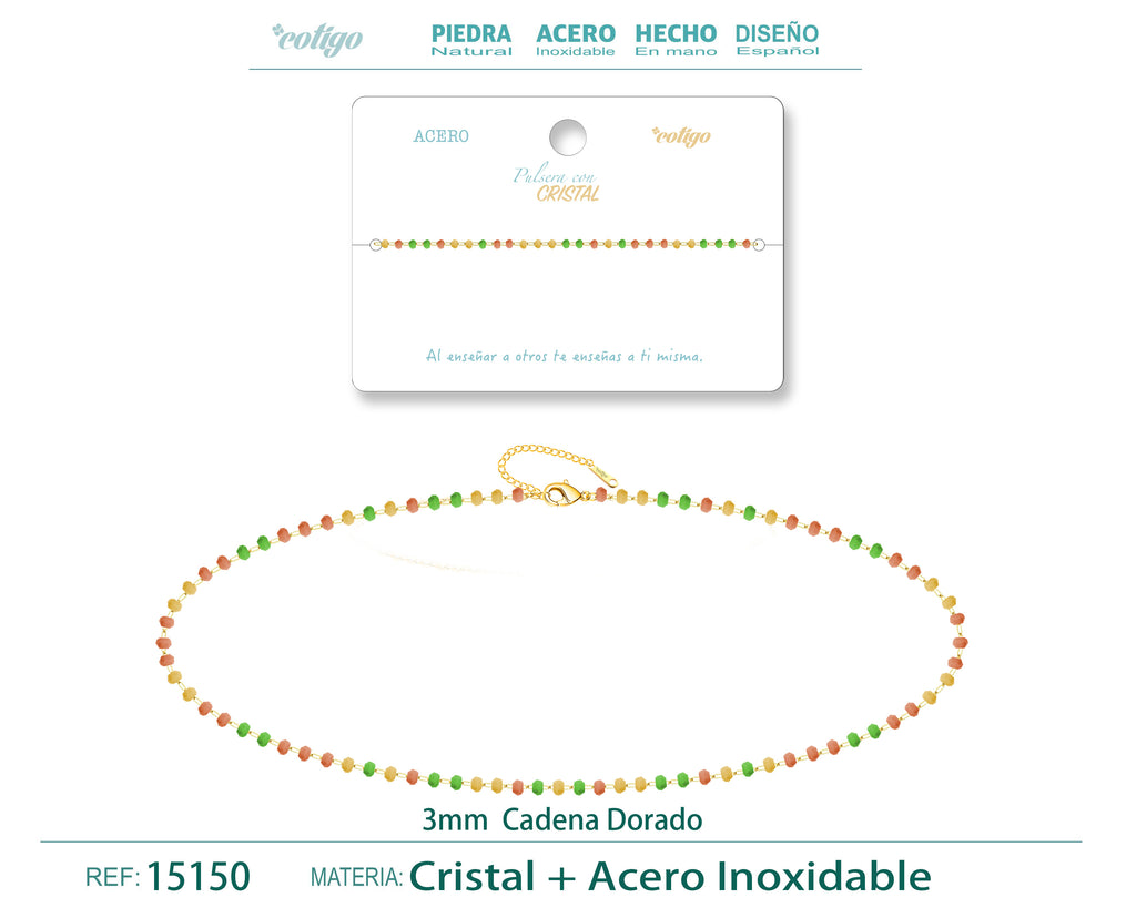 Pulsera de Cristales Rojo, Amarillo y Verde en Acero Inoxidable en acabado dorado – vista principal
